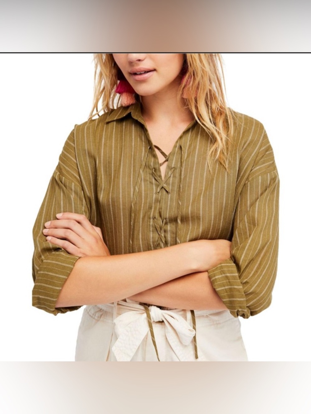 Free People Under the Boardwalk Olive Green Striped Lace-Up Tunic